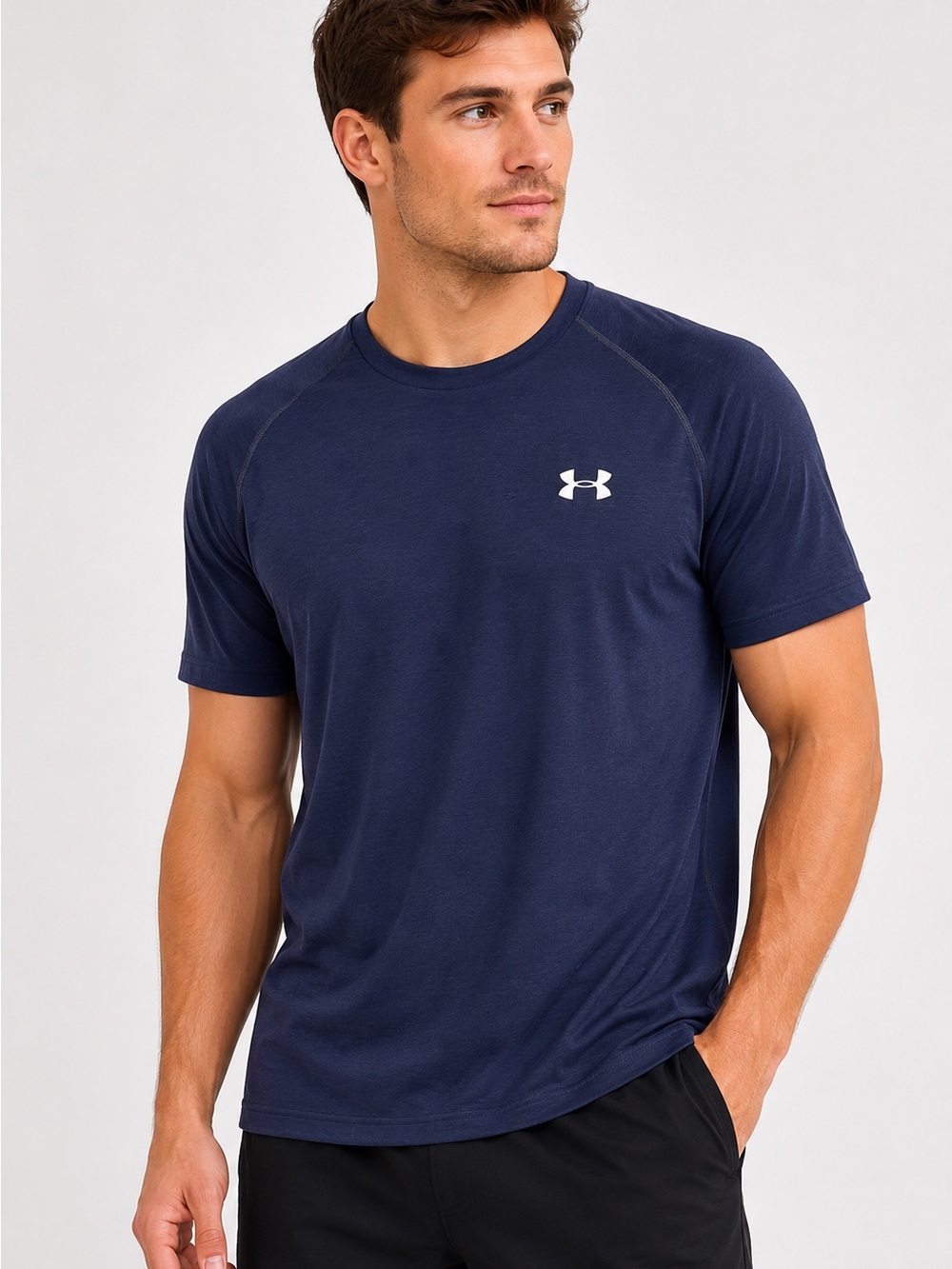 Under Armour Navy Short Sleeve Performance Heat Gear Tee Shirt White Logo Small